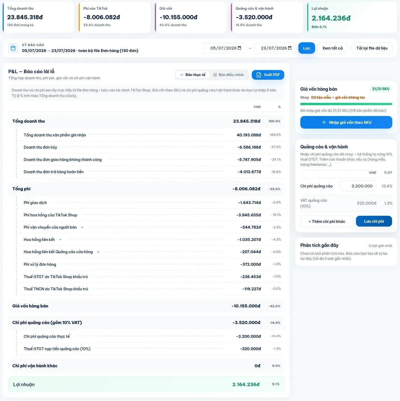 Báo cáo P&L TikTok Shop trên Mọt Seller Assistant: doanh thu, phí sàn, giá vốn, quảng cáo và lợi nhuận